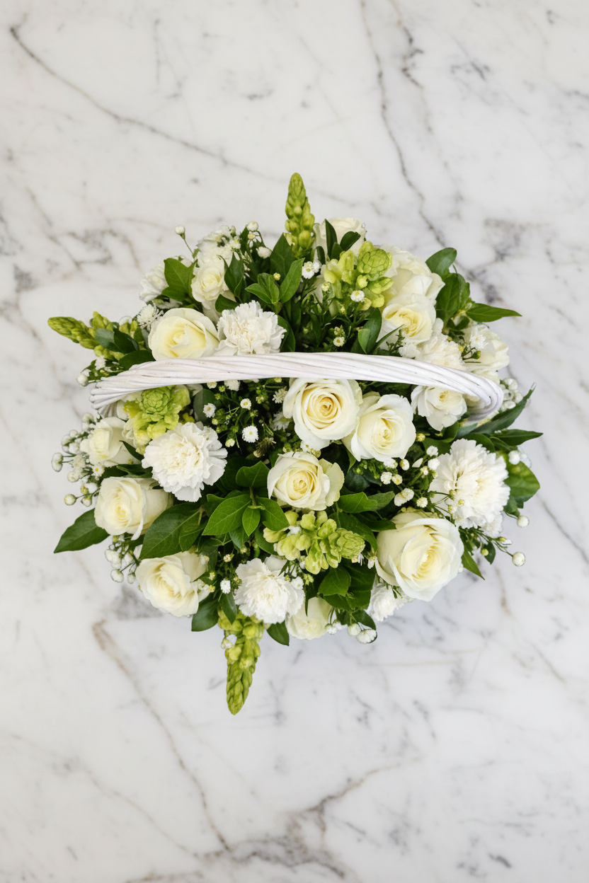 Large gift basket with an elegant arrangement of flowers and greenery, perfect for special occasions.