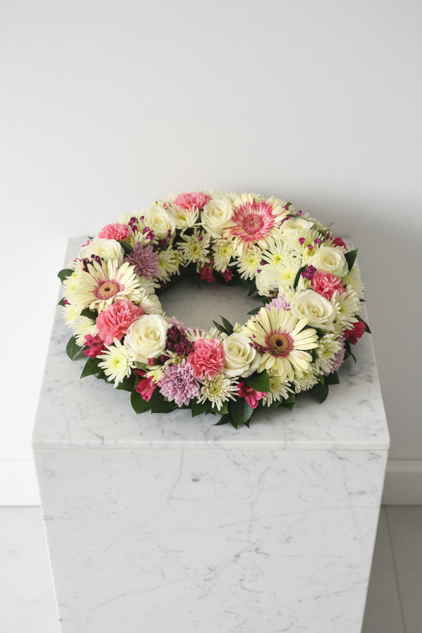 Large sympathy wreath with blush pink and white flowers, perfect for funerals and expressions of condolences.