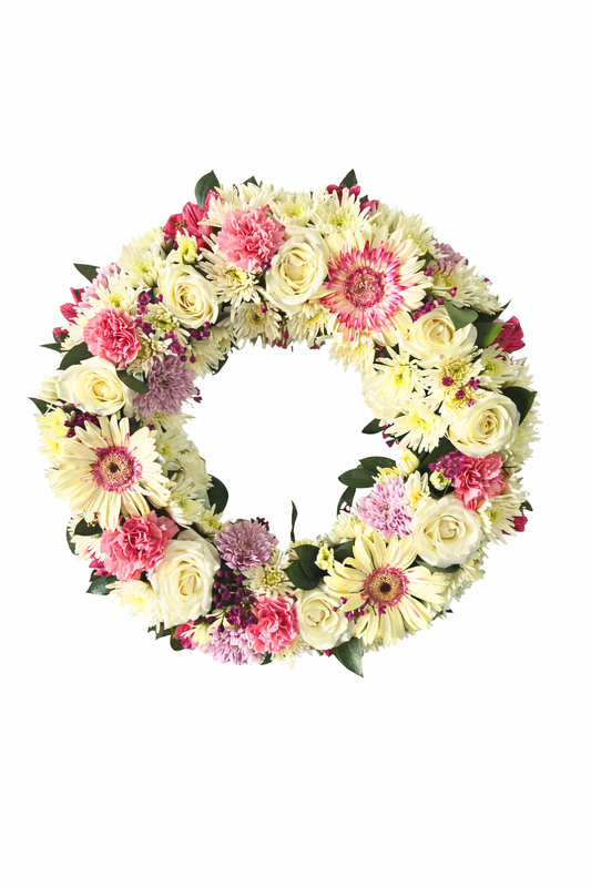Large Funeral and Sympathy Wreath (Blush Pinks and white) - Jihaans Flower Emporium