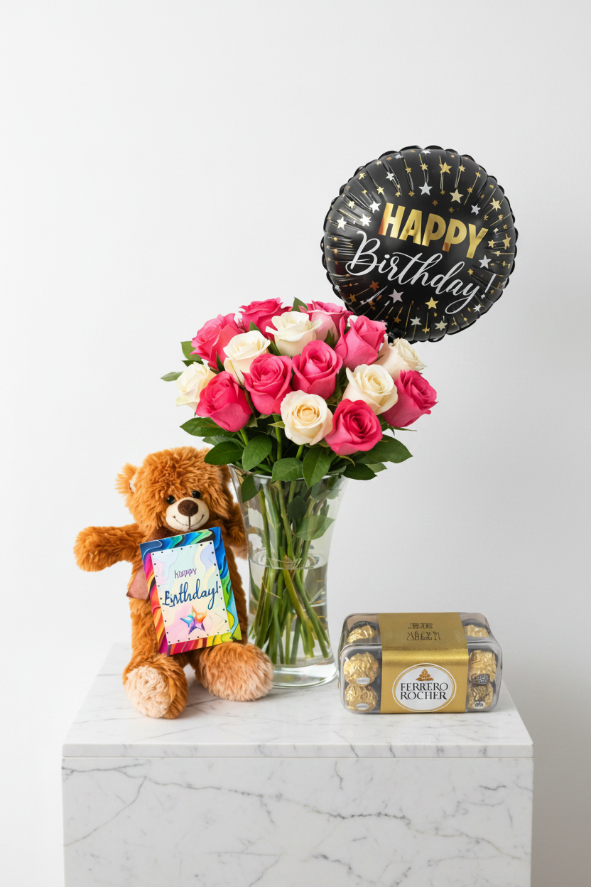 Colorful birthday gift set from My Store, featuring wrapped presents, birthday decorations, and festive wrapping paper.