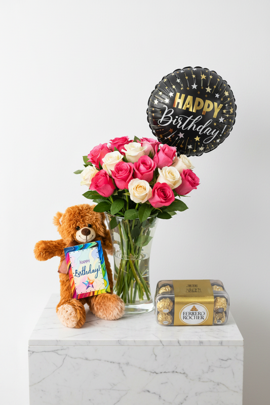 Colorful birthday gift set from My Store, featuring wrapped presents, birthday decorations, and festive wrapping paper.