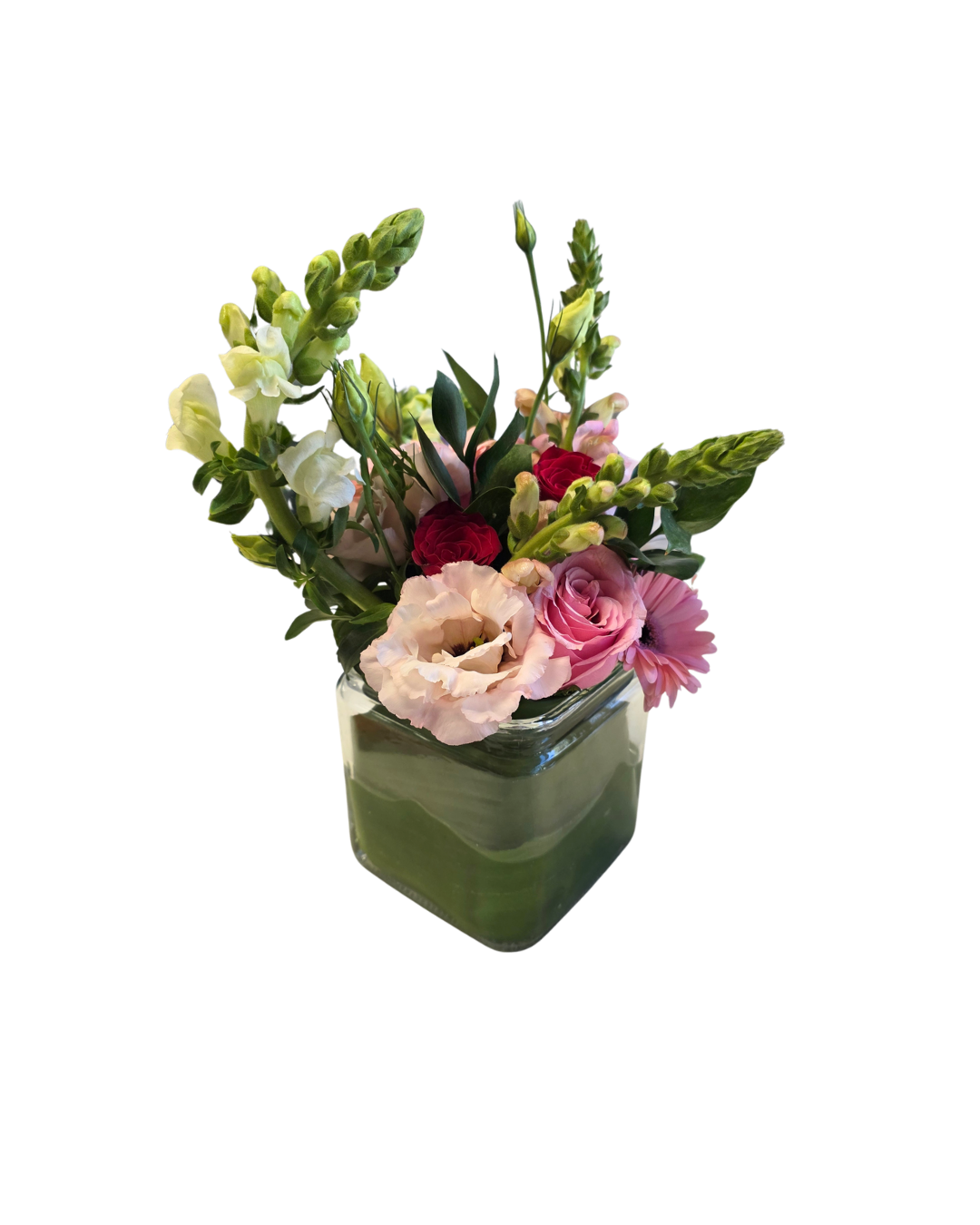 Ceramic Cupid’s Choice vase with a floral arrangement, featuring a decorative design and a clear glass vase for display.