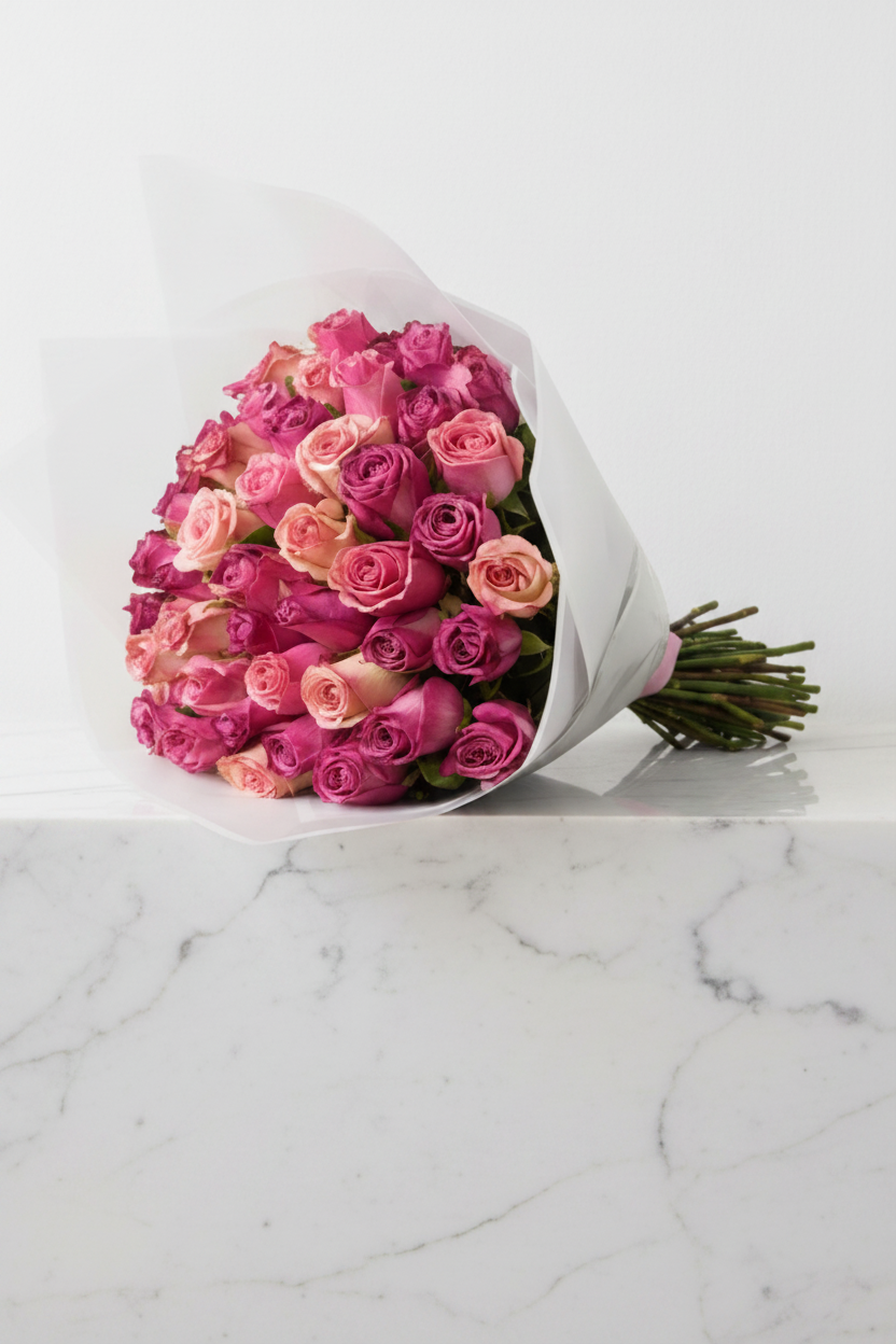 Pink roses from the Blush of Romance 50 Stem Roses collection, showcasing vibrant, fresh pink blossoms arranged in a bouquet.