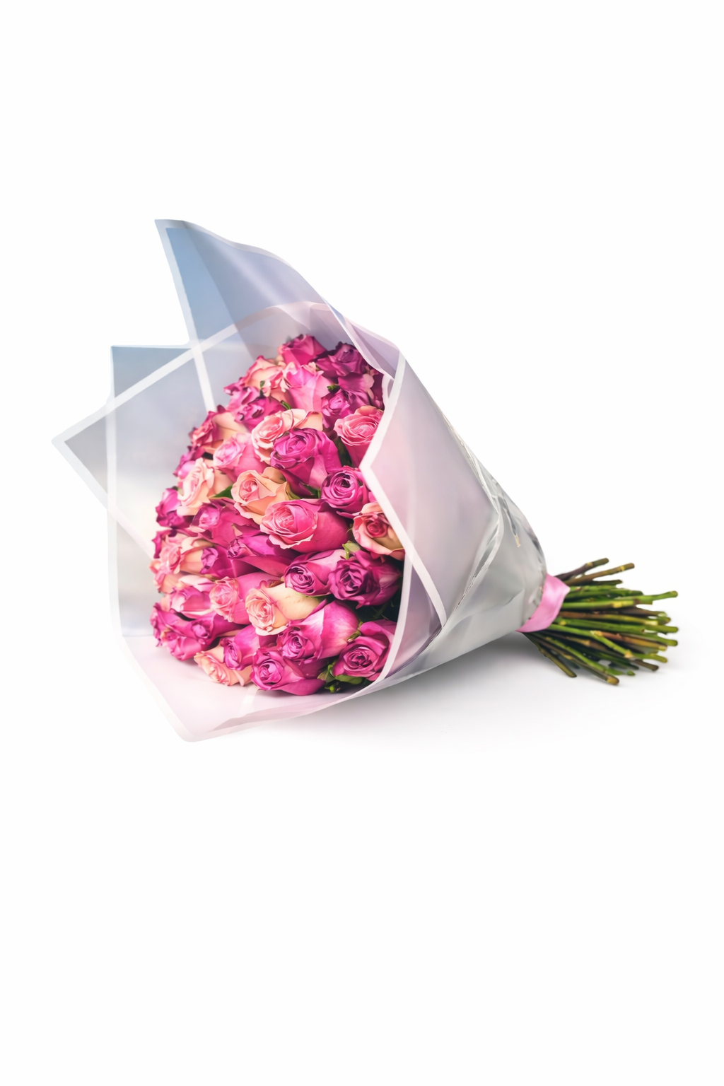 Pink roses from the Blush of Romance 50 Stem Roses collection, showcasing vibrant, fresh pink blossoms arranged in a bouquet.
