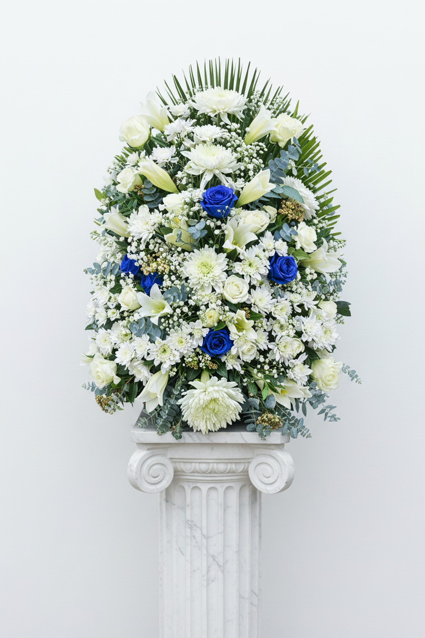 White and blue upright funeral arrangement with fresh flowers, designed for memorial services, arranged in a tall display.