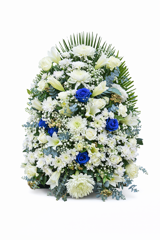 White and Blue Upright Funeral Arrangement - Jihaans Flower Emporium