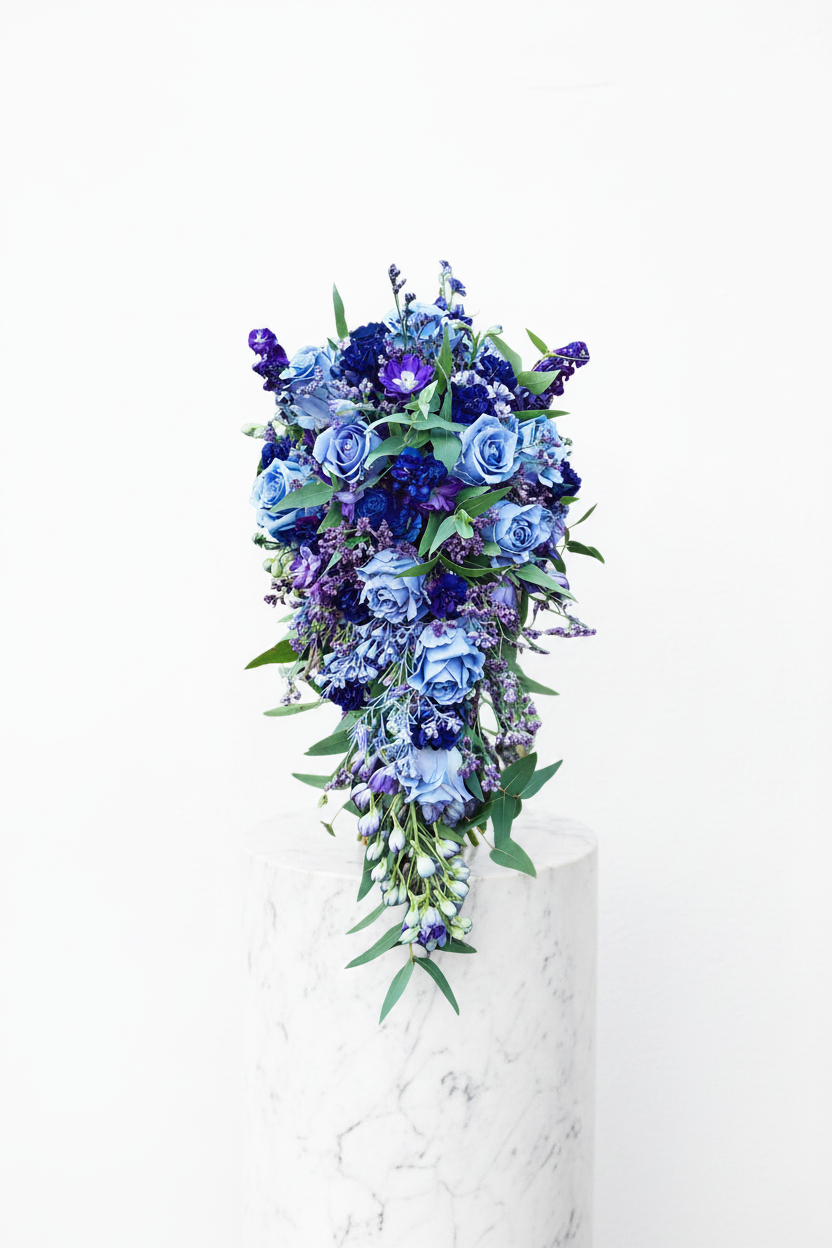 Azure Cascade bride or bridesmaid bouquet featuring hanging blue flowers and lush greenery, perfect for wedding floral arrangements.