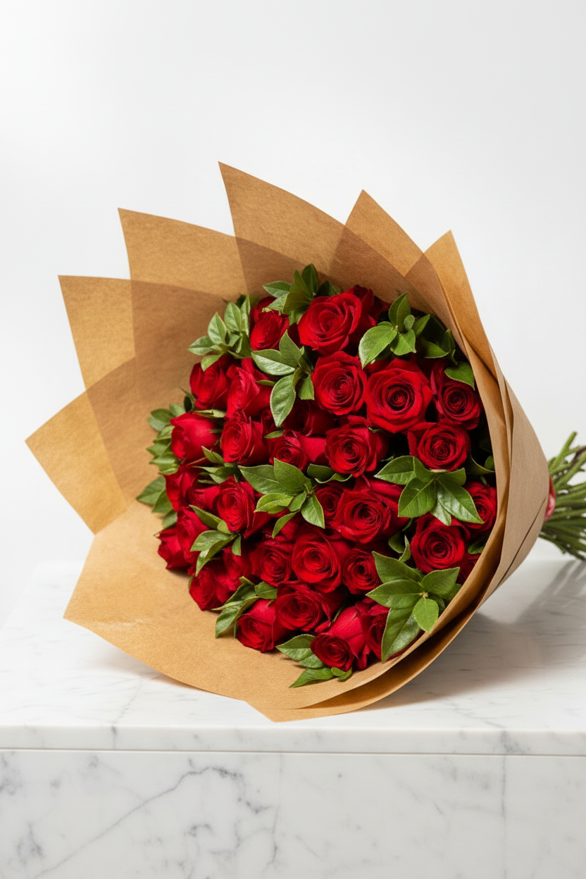 Red roses with green foliage arranged in a bouquet, featuring 30 stems of vibrant roses and lush greenery.