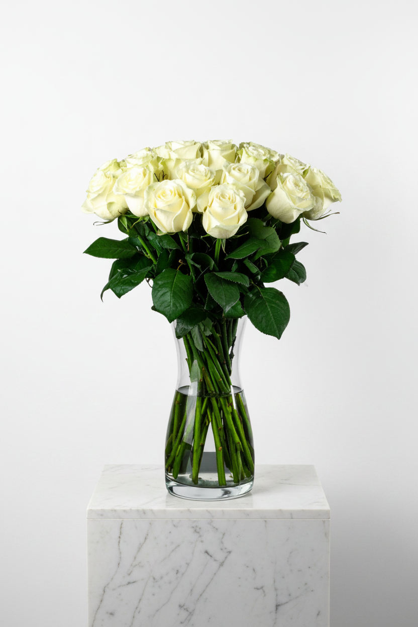 Elegant arrangement of 20 white roses in a clear glass vase, perfect for floral decor or special occasions.