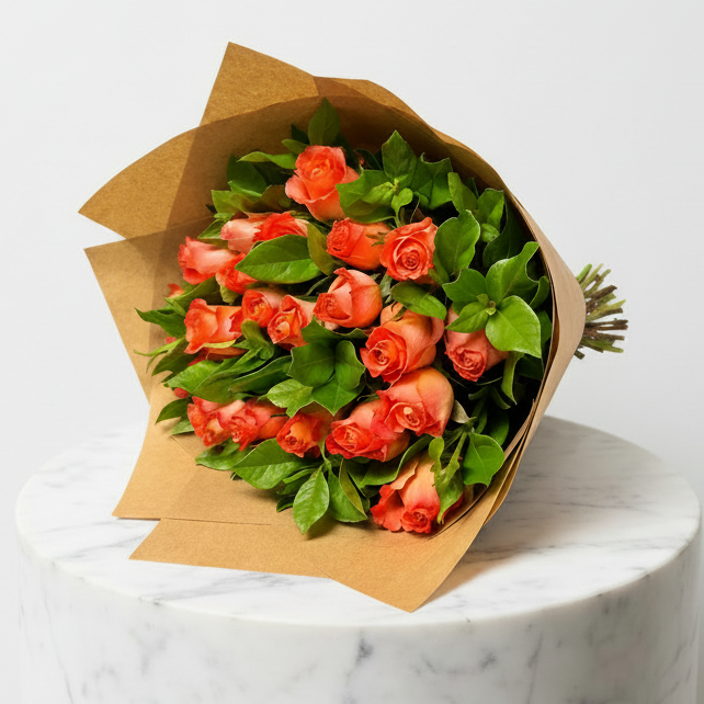 Bright 30 stem orange roses from My Store, showcasing vibrant blooms and lush green leaves on long stems.