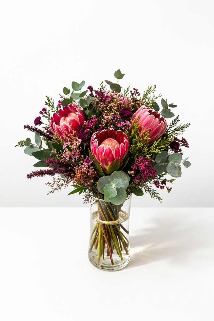 Elegant protea bloom arrangement in a clear glass vase, featuring vibrant, fresh flowers and lush greenery.