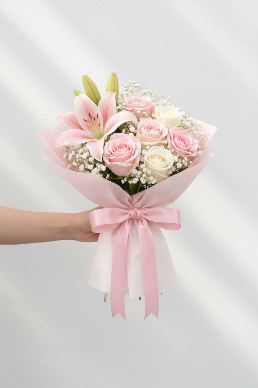 A bouquet of fresh pink and white roses with greenery, arranged in a clear glass vase, by Jihaans Flower Emporium.