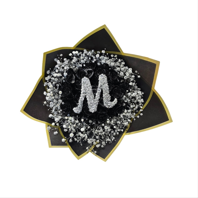 20 Stem Black Roses and Silver Babies Breath  (with one Letter) - Jihaans Flower Emporium