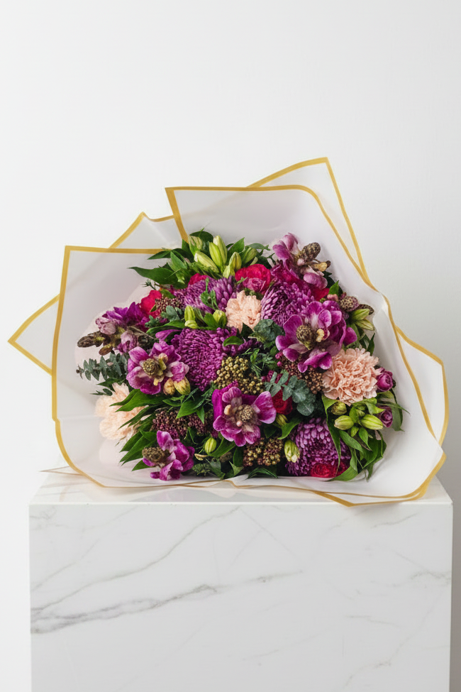 Elegant violet flower arrangement showcasing vibrant purple blooms in a stylish display, perfect for home decor.