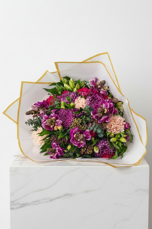 Elegant violet flower arrangement showcasing vibrant purple blooms in a stylish display, perfect for home decor.