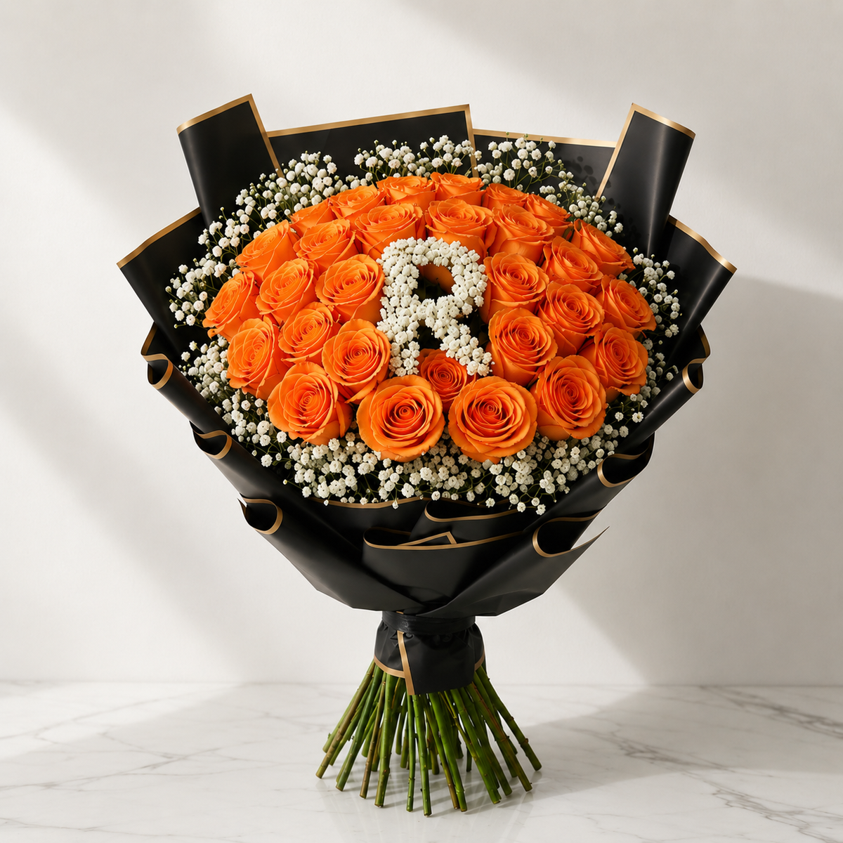 30-Stem Roses with Baby's Breath, Colour of Your Choice & One Letter