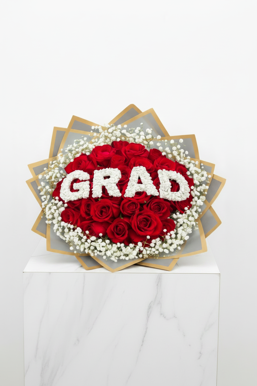 Red and white 'GRAD' bouquet with vibrant roses and greenery, perfect for celebrations, arranged in a stylish bouquet by My Store.