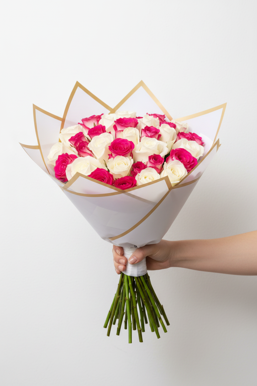 Pink and white rose arrangement featuring 30 fresh roses, styled in a beautiful floral display.