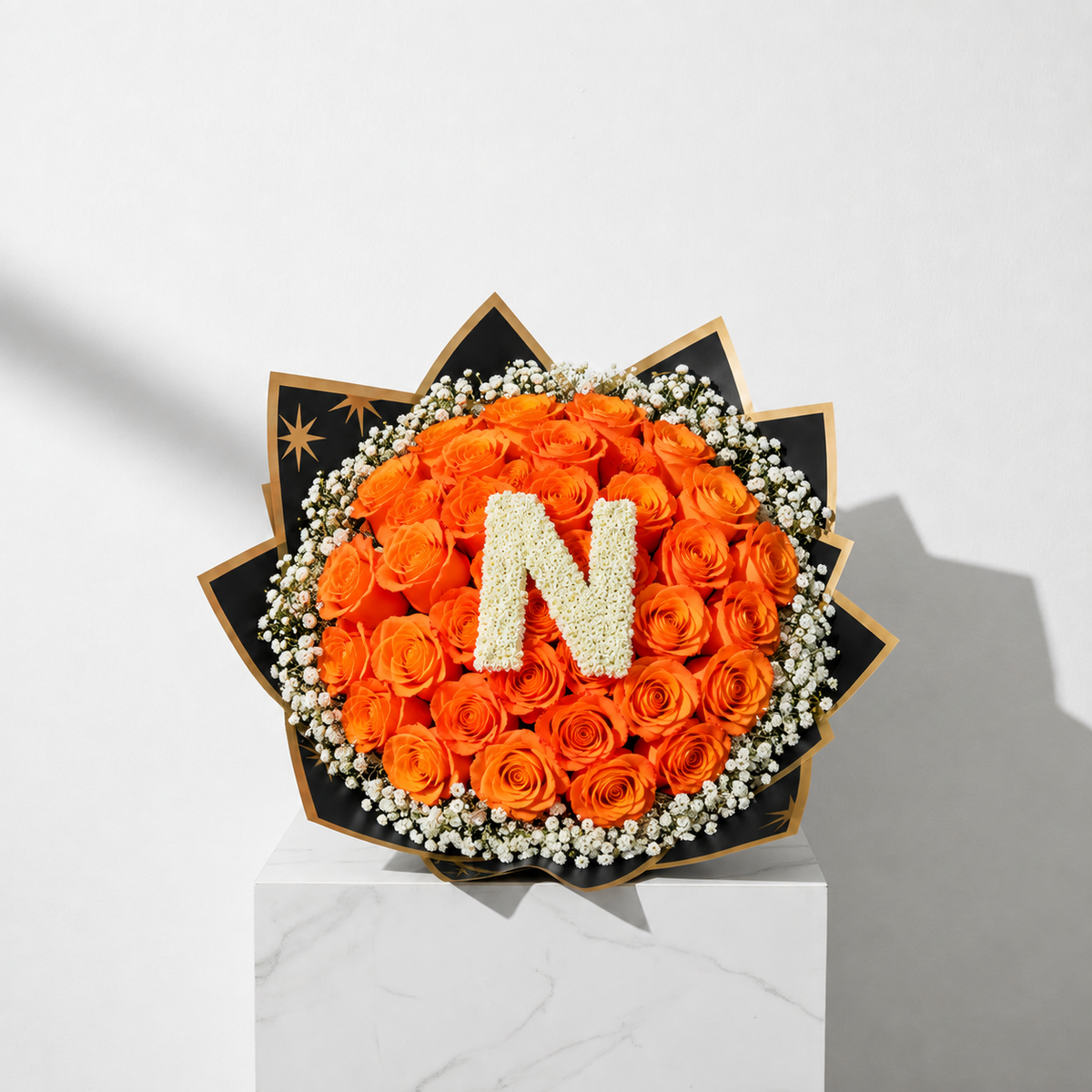 50-Stem Roses with Baby's Breath, Colour of Your Choice & One Letter