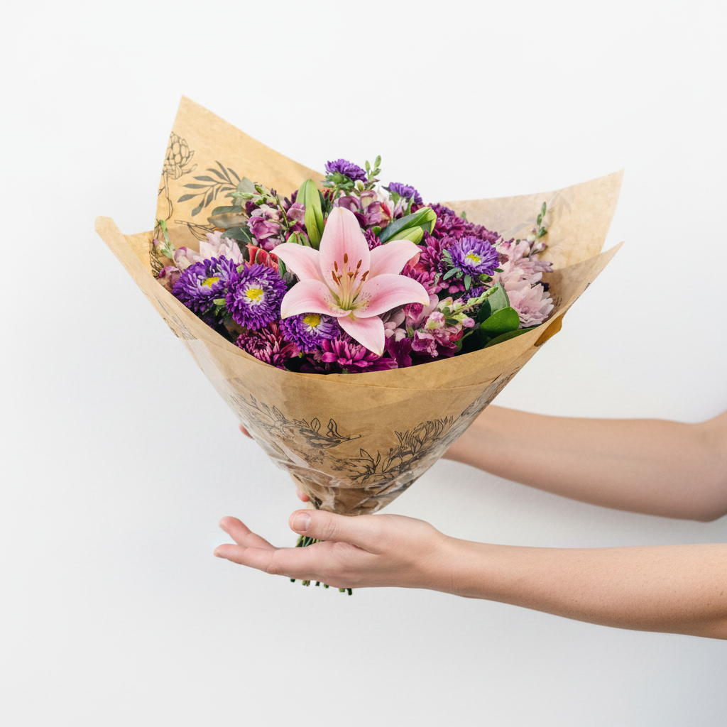 Colorful berry blossom medley with vibrant pink, purple, and red flowers, featuring lush green leaves and delicate petals.