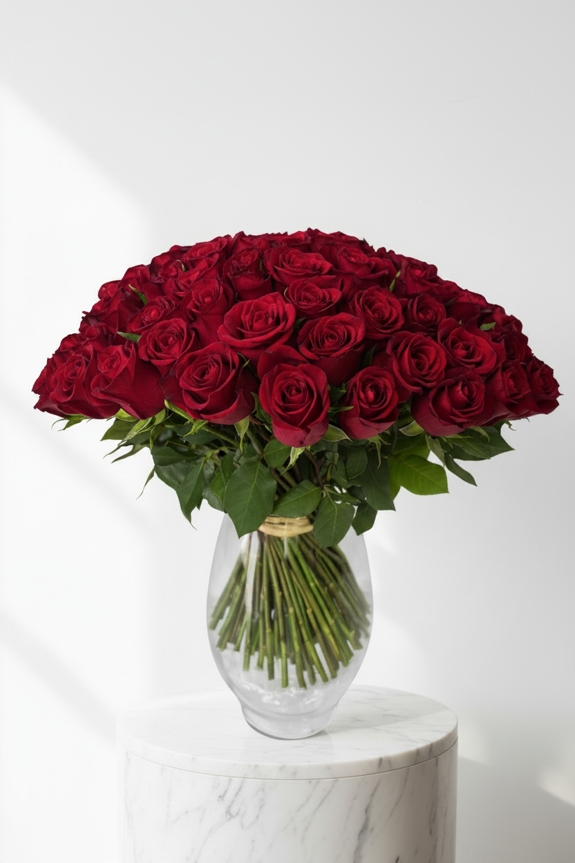 Red roses bouquet with 50 stems in a clear glass vase, featuring vibrant blooms and lush green leaves.