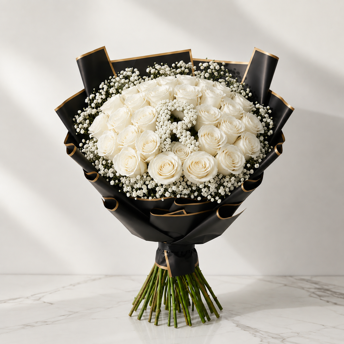 30-Stem Roses with Baby's Breath, Colour of Your Choice & One Letter