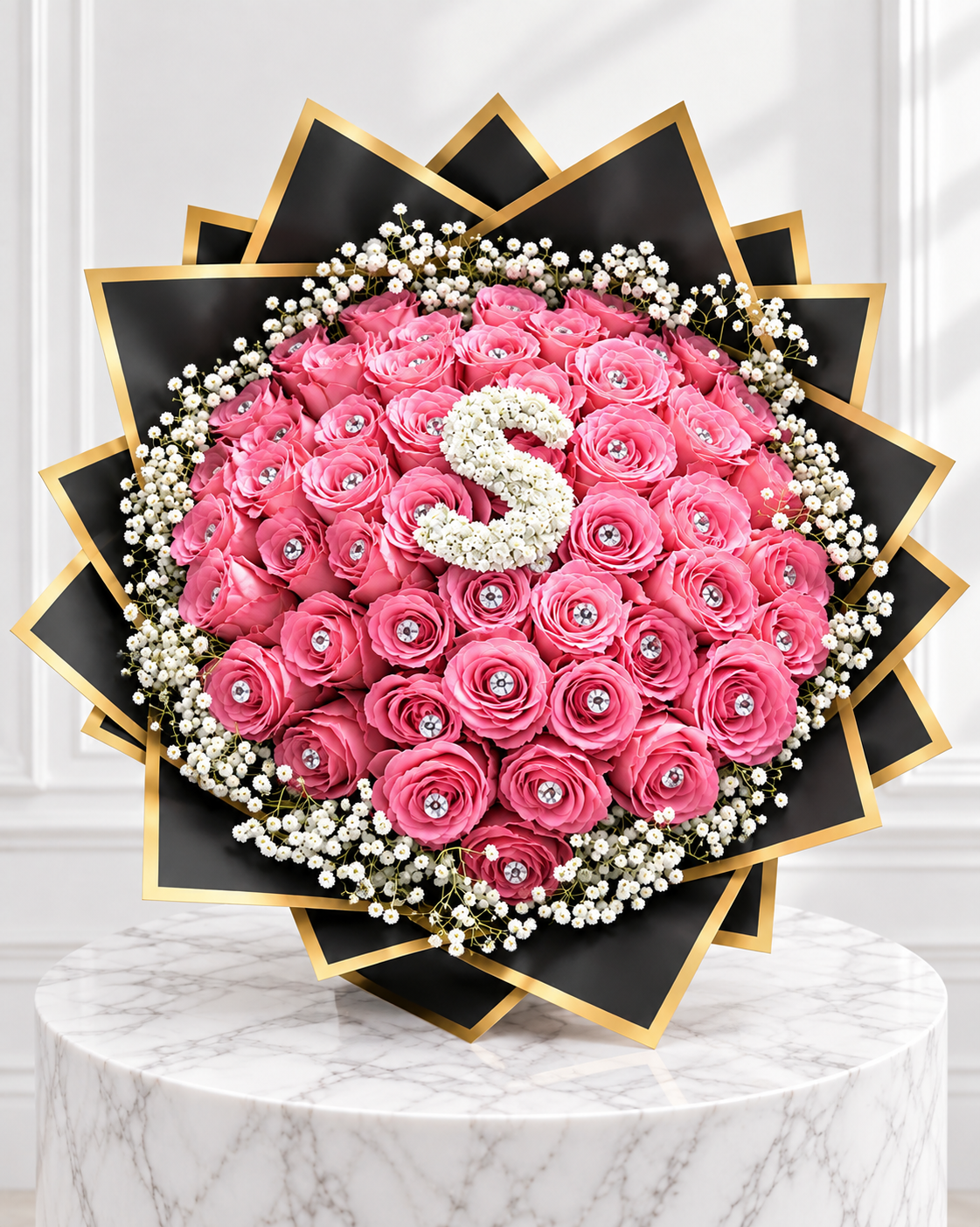 50-Stem Roses with Baby's Breath & Diamonds, Colour of Your Choice & One Letter