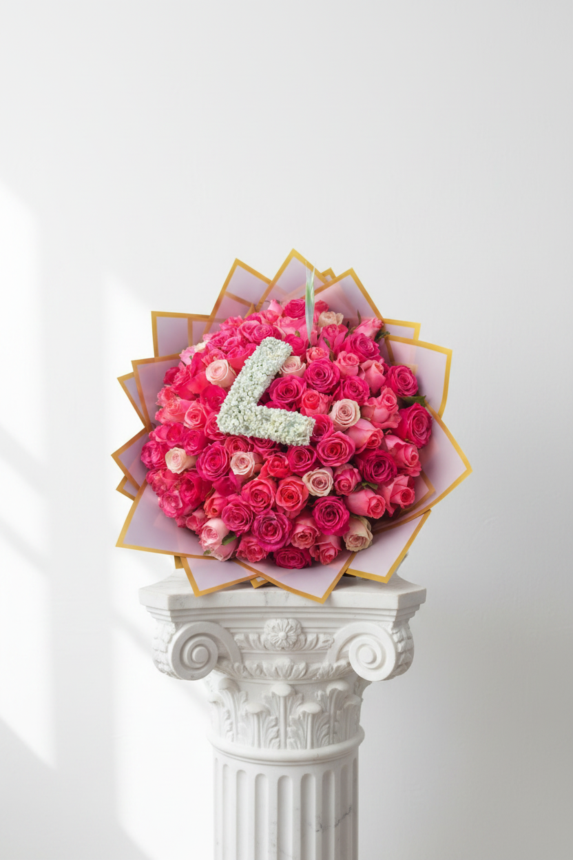 A bouquet of 100 colorful roses with a personalized letter, showcasing vibrant roses and a handwritten message.