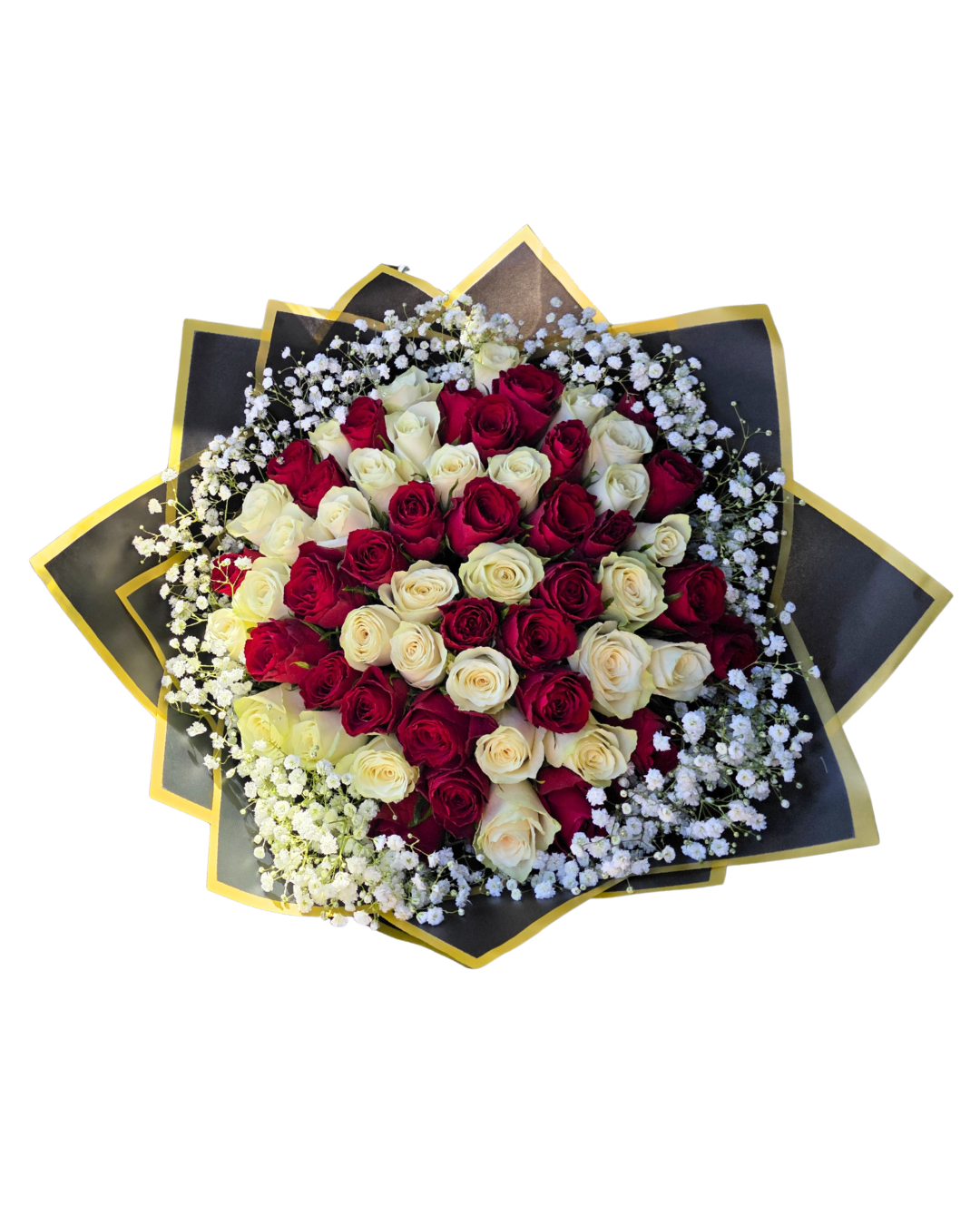 60 stem White and Red Roses with touches of babies breath - Jihaans Flower Emporium