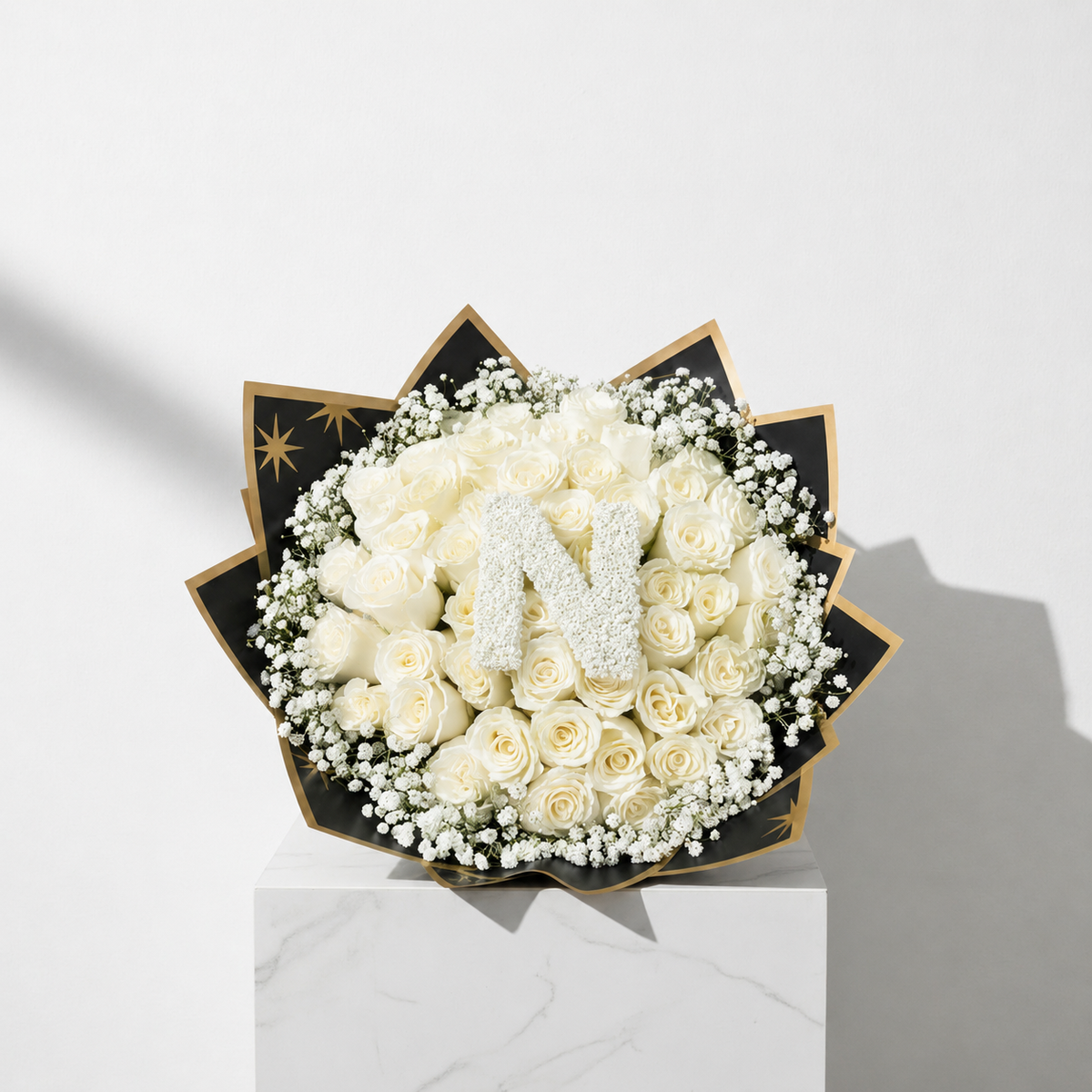50-Stem Roses with Baby's Breath, Colour of Your Choice & One Letter