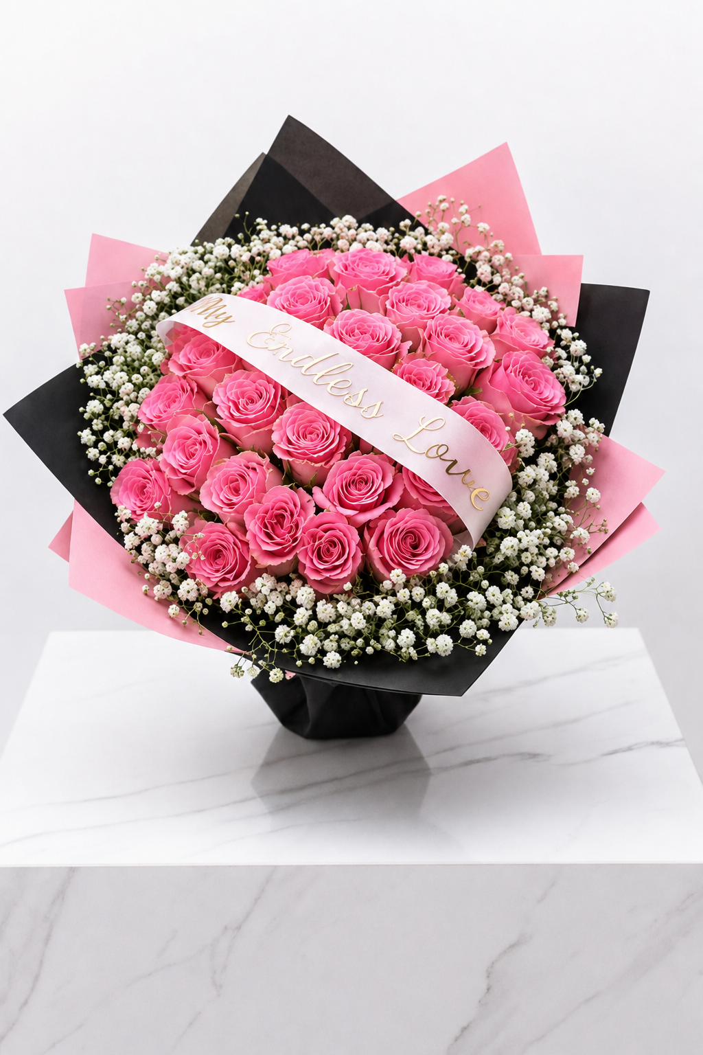 30-Stem Roses with Baby's Breath & Personalised Ribbon