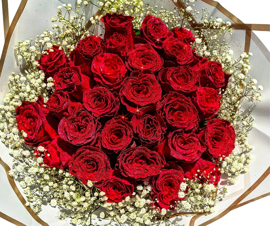 Glitter Rose Bouquet with Babies Breath (assorted sizes and colour's) - Jihaans Flower Emporium