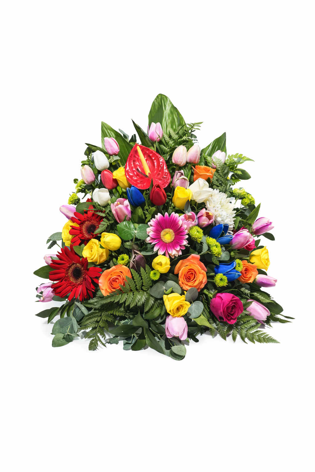 Colorful tulip flower arrangement with vibrant tulips in an upright display, showcasing fresh, bright flowers and lush greenery.