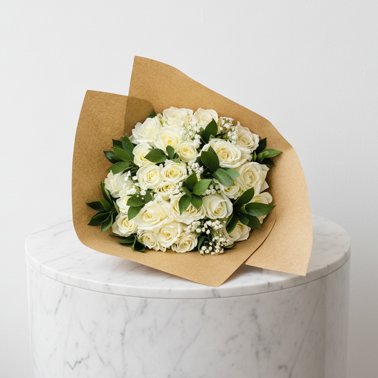White rose arrangement with 24 stems, showcasing elegant My Store roses in a beautiful floral display.