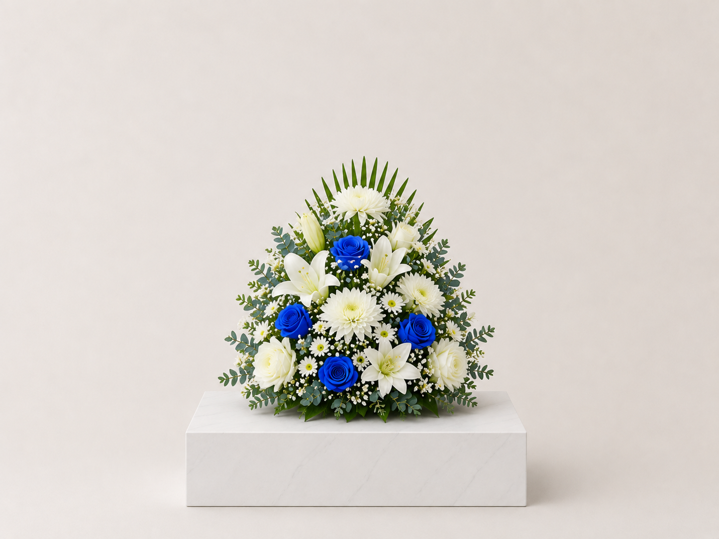 White and Blue Upright Funeral Arrangement