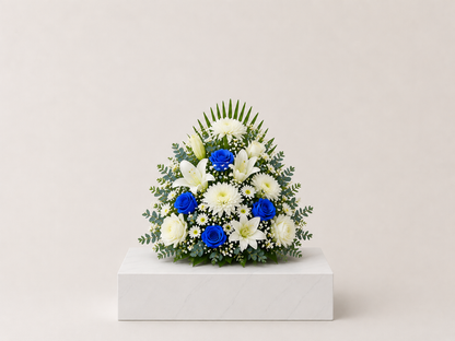 White and Blue Upright Funeral Arrangement