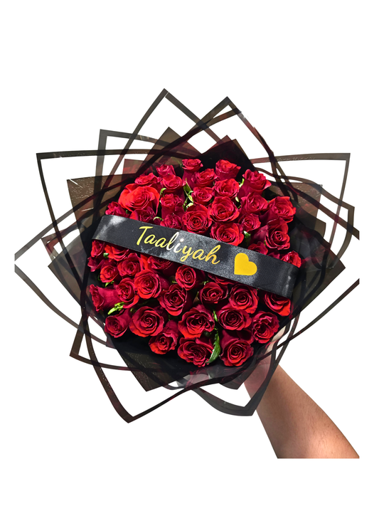 50 stem red roses with personalized ribbon