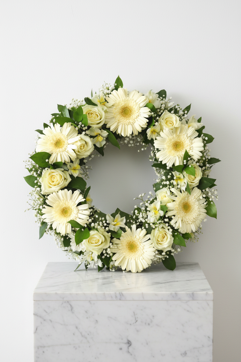 Medium funeral and sympathy wreath with white and green floral arrangement, designed for condolence and remembrance.