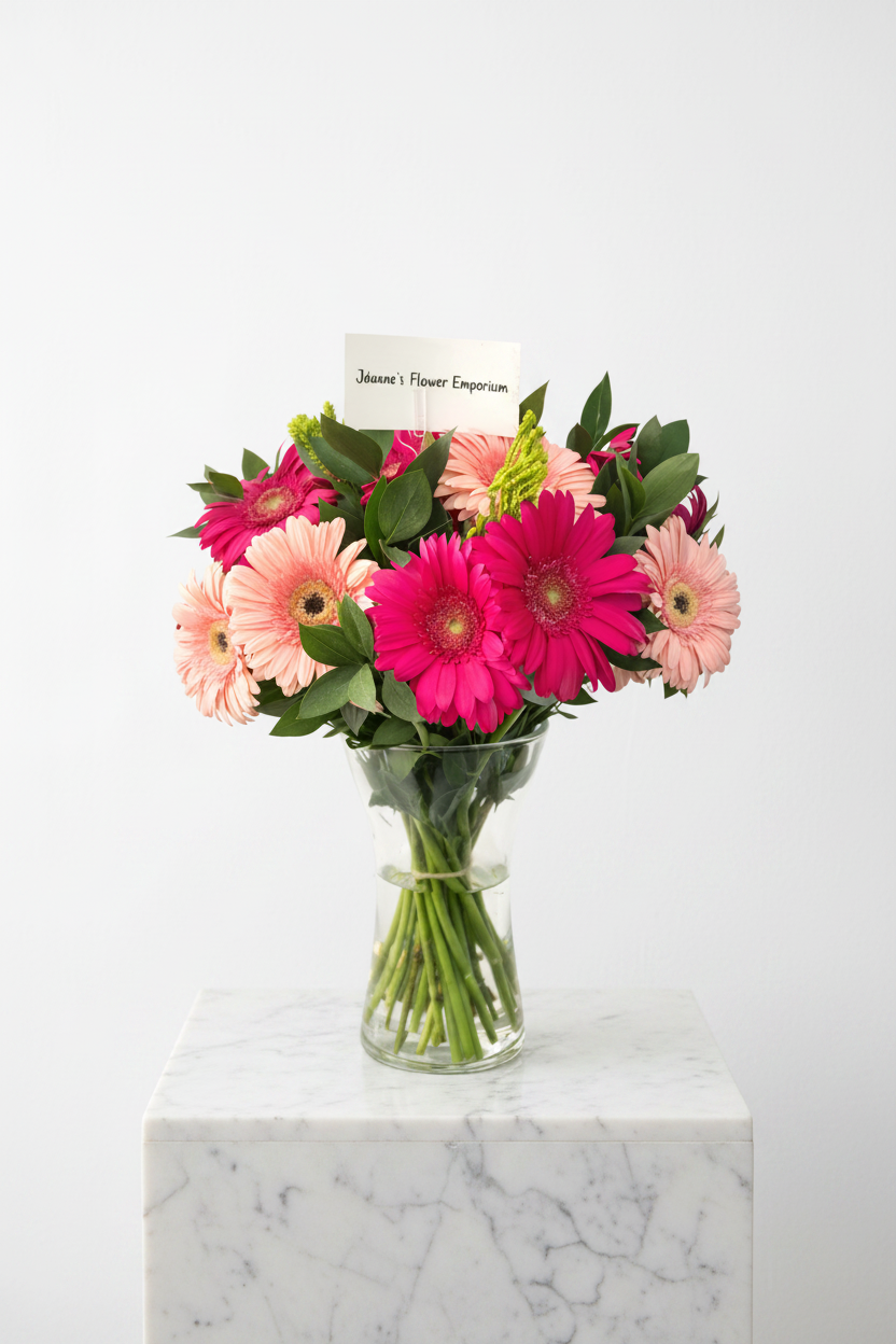 16-stem daisy flower arrangement in a clear glass vase, featuring fresh white daisies with green foliage.