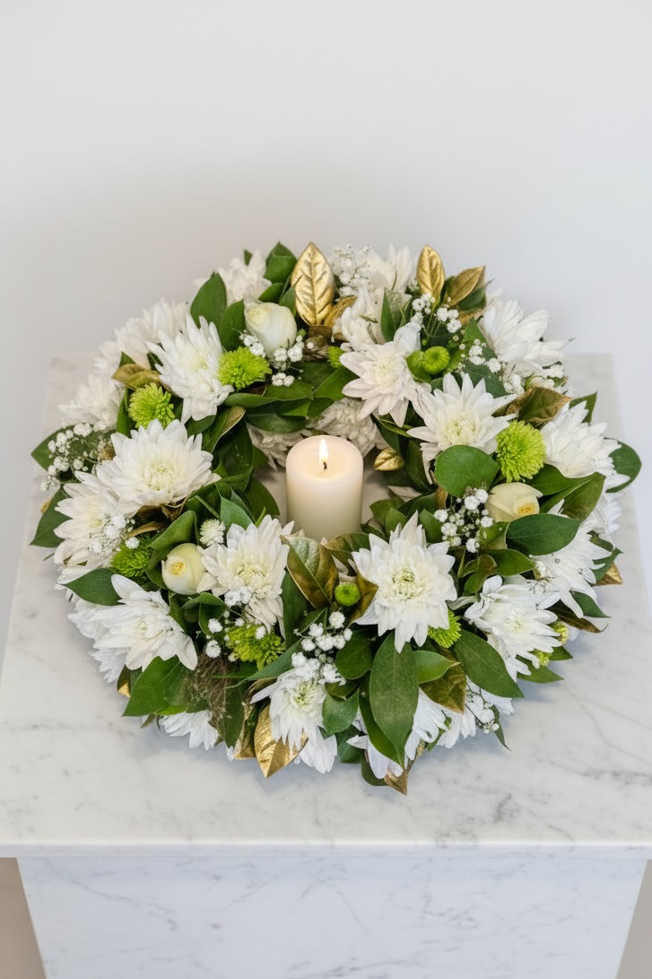 White Remembrance Candle Wreath - Medium - Jihaans Flower Emporium
