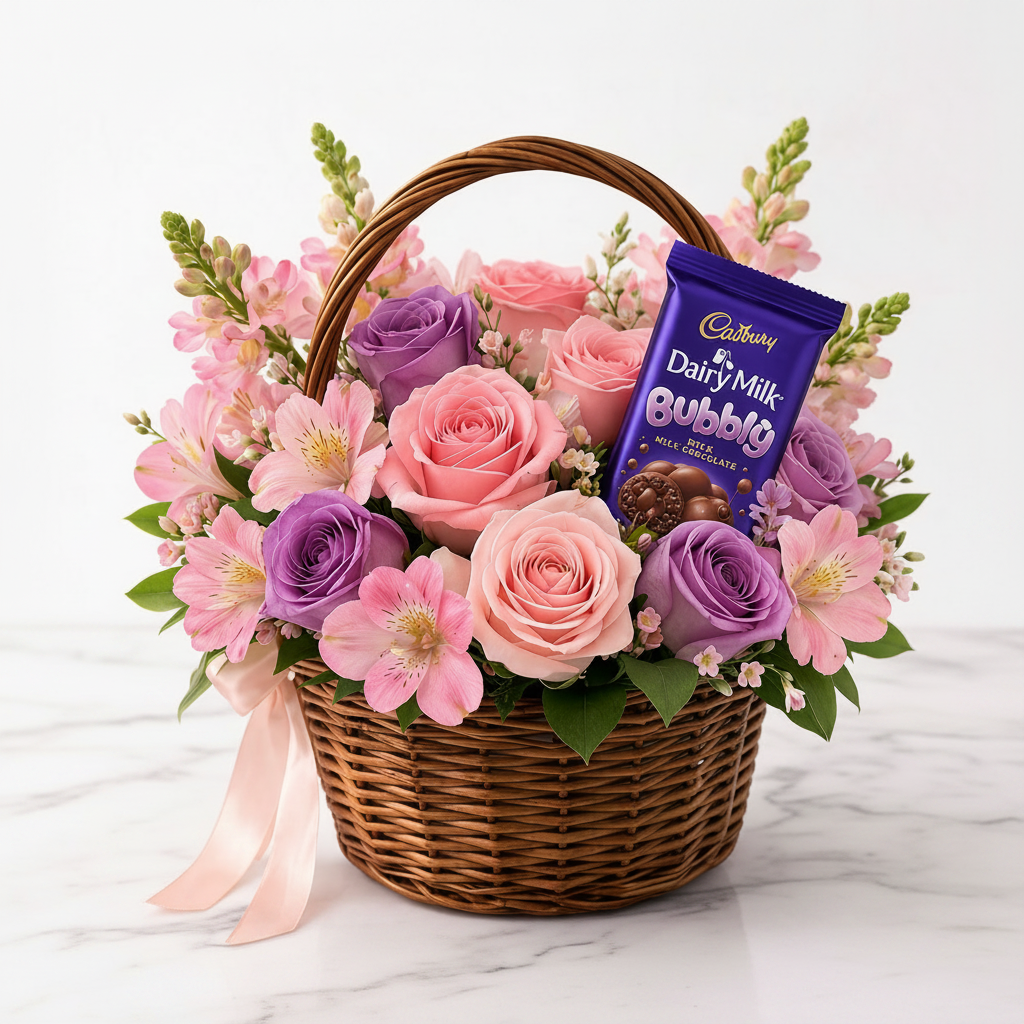 Assorted sweet blossom chocolates arranged in a decorative basket from Jihaans Flower Emporium.