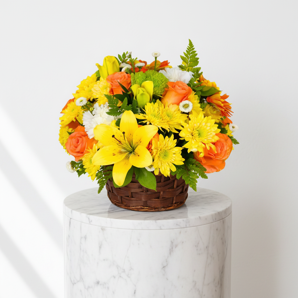 Charming Autumn Basket gift with colorful fall leaves, seasonal decorations, and cozy autumn-themed accents.