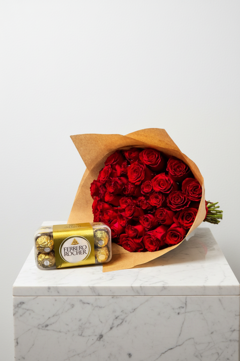 Red roses and Ferrero Rocher truffles arranged together, featuring vibrant flowers and wrapped chocolates in a decorative display.