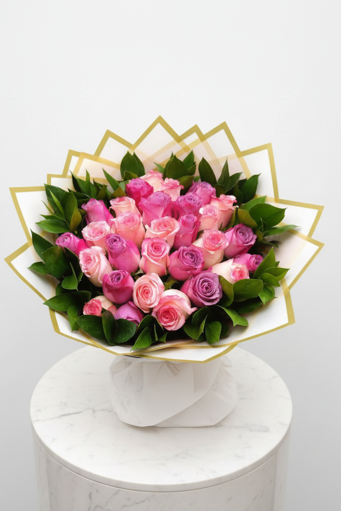 Pink flower stems from the Pretty in Pink 30 stem bouquet by My Store, showcasing vibrant pink blossoms and green foliage.