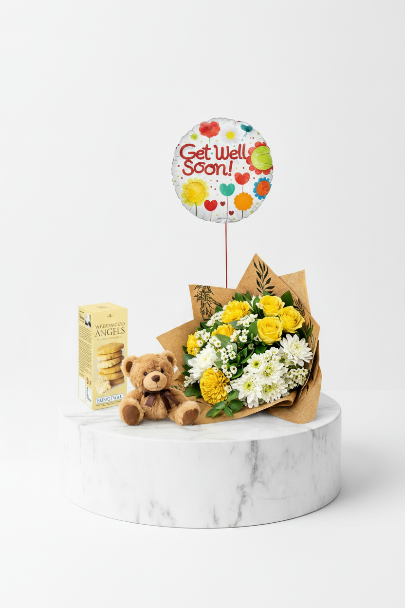 Jihaans Flower Emporium Comfort & Care Bundle featuring fresh floral arrangements and soothing care products.