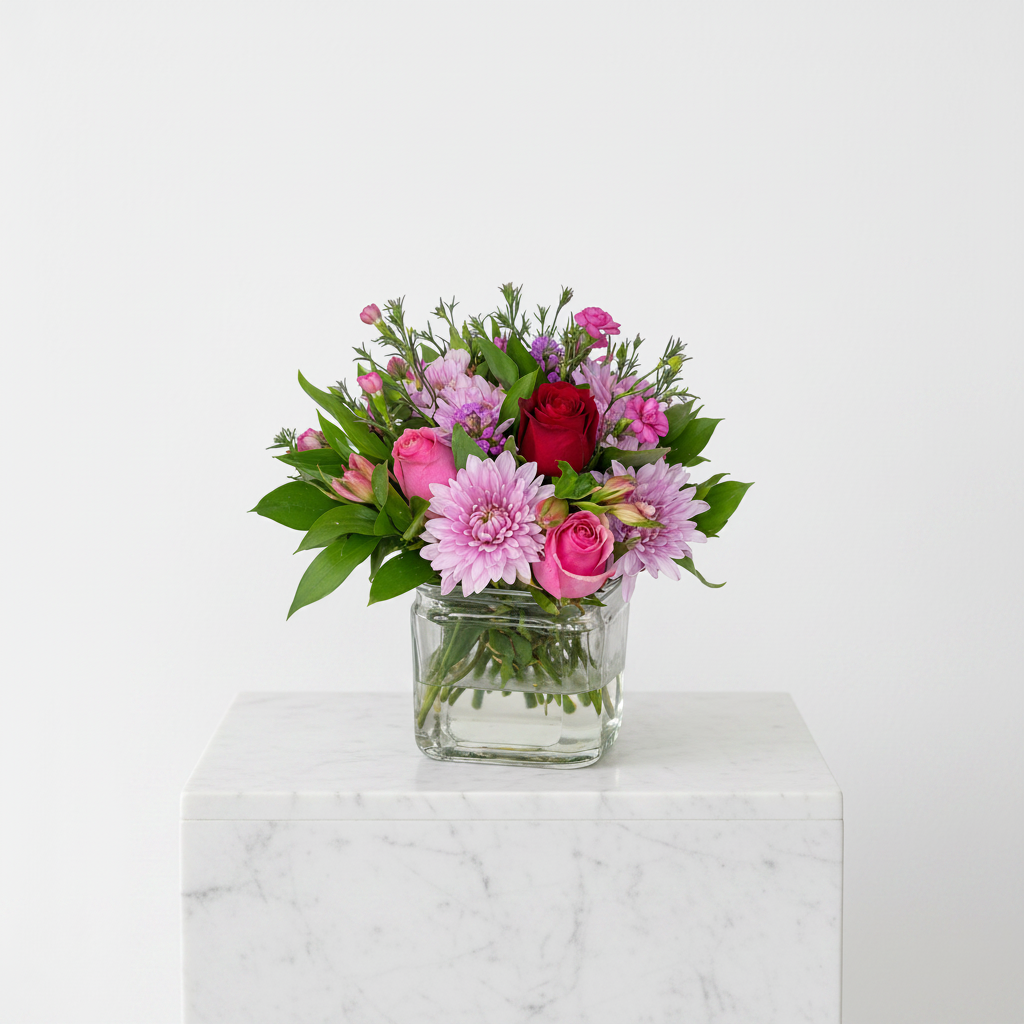 Small floral arrangement with blush blooms in a clear vase, featuring delicate flowers and greenery, by My Store.