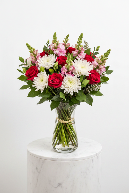 Colorful flower gift bunch with a clear glass vase, perfect for gifting from My Store. Bright, fresh flowers in full bloom.