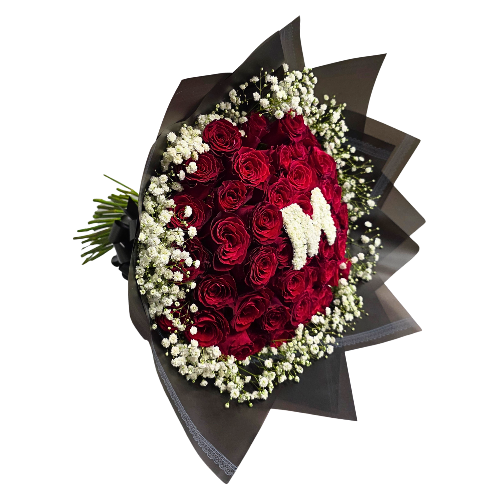 50 Stem Roses and Babies Breath  (with one Letter)  - Choose your own Colour - Jihaans Flower Emporium