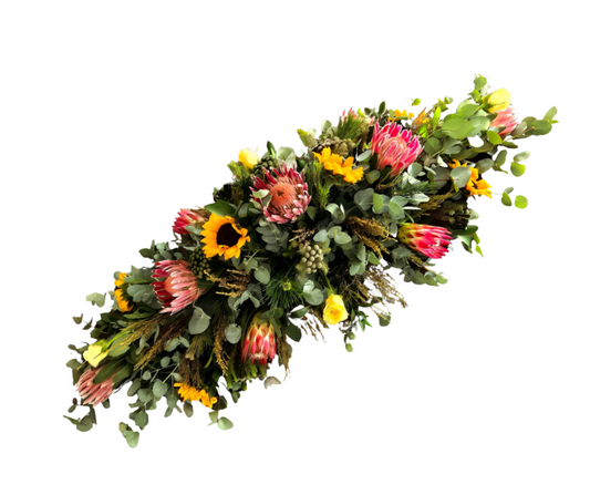 Funeral Coffin Spray - Protea and Sunflower - Jihaans Flower Emporium