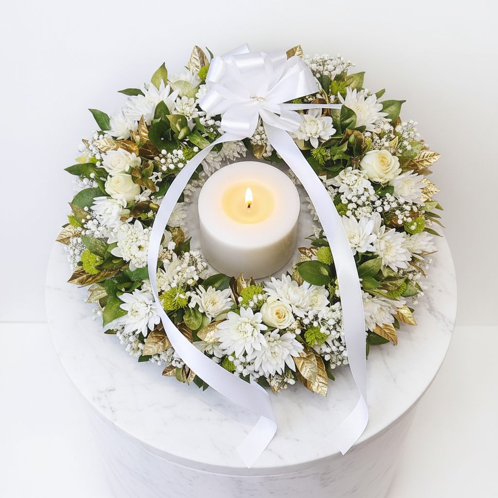 Large white remembrance candle wreath with candles and greenery, designed for memorials and commemorative displays.
